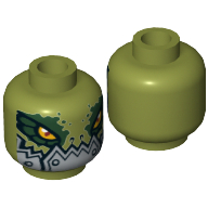 Lego Minifig Head Crokenburg, Crocodile with Dark Green Rimmed Eyes, Metallic Silver Plates with Rivets Lower Jaw Print [Hollow Stud] / Olive Green