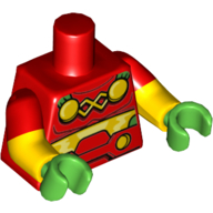 Lego Torso, Dual Molded Arms, Armor, Yellow Midriff, Green Cape Ends with Gold Circles Print, Red Sleeves Pattern, Yellow Arms, Bright Green Hands / Red