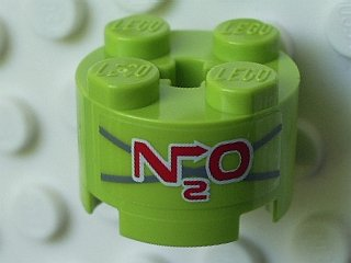 Lego Brick, Round 2 x 2 with Axle Hole with Red 'N2O' on Dark Bluish Gray 'X' Pattern (Sticker) - Set 5980