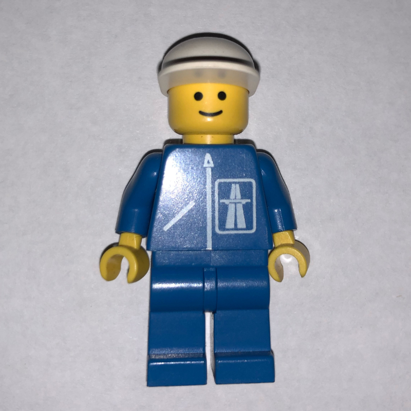 Lego Man, Blue Jacket with Highway Logo, Blue Legs, White Cap