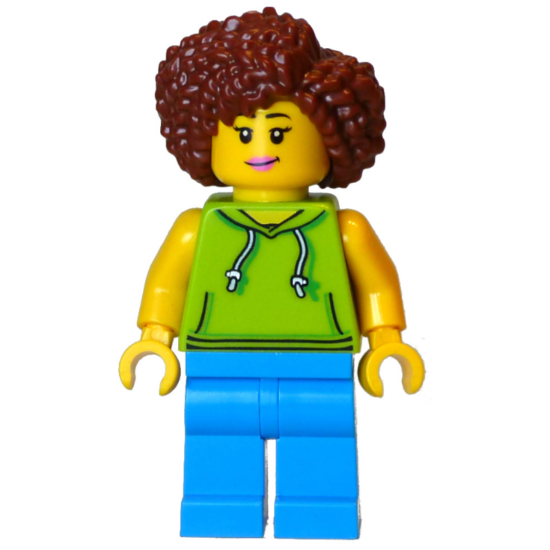 Lego Lime Torso, Dark Azure Legs, Reddish Brown Hair