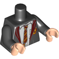 Lego Torso Open Robe over White Shirt, Dark Red and Bright Light Orange Tie and Details, and Gryffindor Crest Print, Black Arms, Light Nougat Hands / Black