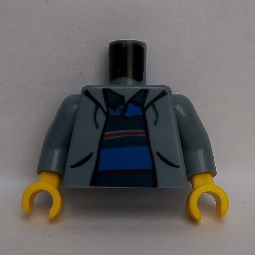 Lego Torso Jacket Open over Polo Shirt with Horizontal Stripes Print (Spider-Man), Sand Blue Arms, Yellow Hands / Sand Blue