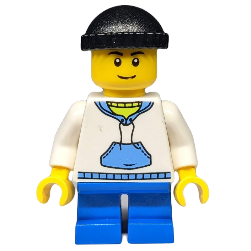 Lego Boy, White and Blue Hoodie, Short Blue Legs, Black Hat