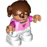 Lego Duplo Figure Child with Pigtails Reddish Brown, with Bright Pink Top with Dark Pink Heart and Sleeves - White Legs / Bright Pink