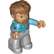 Duplo Figure with Thick Hair Combed Forward and Beard Nougat, Medium Azure Shirt, Light Bluish Grey Legs / Medium Azure