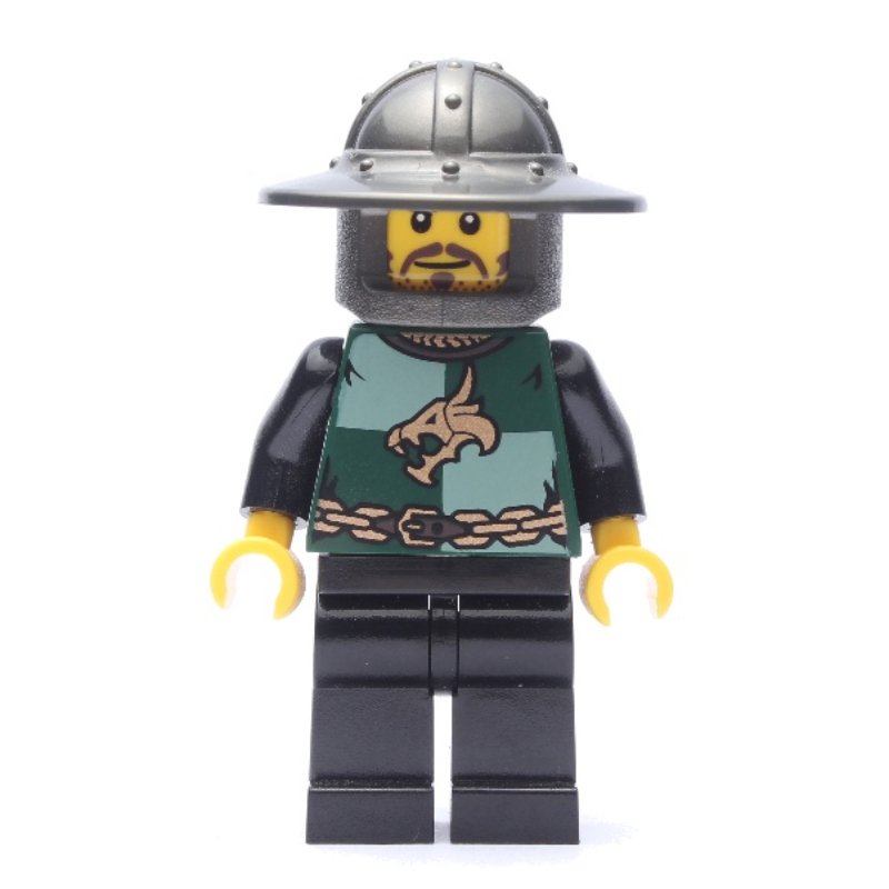 Lego Dragon Knight, Dark Green, Wide Brim Helmet, Moustache and Stubble (Pearl Dark Gray)