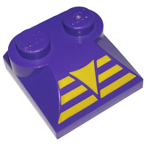 Lego Brick Curved 2 x 2 x 2/3 Two Studs and Curved Slope End with Yellow Triangle on 3 Bars Print