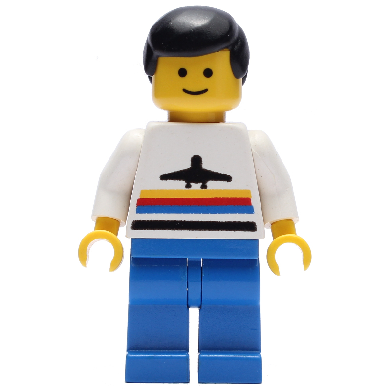Lego Man, White Shirt with Airplane, Blue Legs, Black Hair