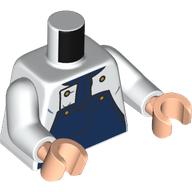 Lego Torso, Dark Blue Overall, Gold Button print, White Arms, Light Nougat Hands / White