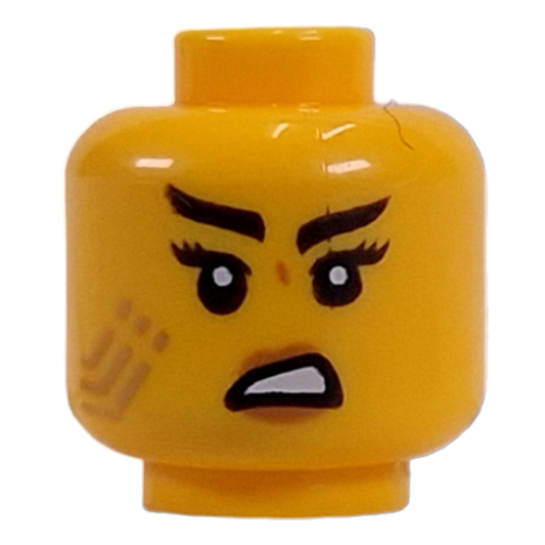 Lego Minifig Head Jordana, Gold Circuitry, Black Raised Eyebrow, Confused Smirk / Angry Mean Smirk print / Yellow