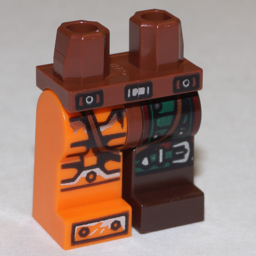 Lego Hips and Dark Brown Left Leg, Orange Right Leg with Green Armor, Knee Belt, Black and Silver Bolted Armor Plates Print / Reddish Brown