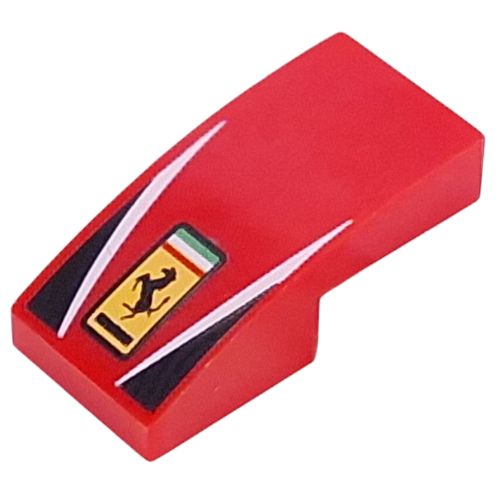 Lego Brick Curved 2 x 1 No Studs with Ferrari Logo, White Lines, Black Triangles print / Red
