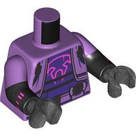Lego Torso, Dual Molded Arms with Jacket, Black Straps, Utility Belt, Dark Purple Shirt with Bright Pink Prowler Logo, Silver Backpack, Silver Weapons on Arms print, Medium Lavender Sleeves Pattern, Pearl Titanium Arms and Hands / Medium Lavender