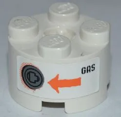 Brick, Round 2 x 2 with Axle Hole with Filler Cap, Orange Arrow and Black 'GAS' Pattern (Sticker) - Set 8958