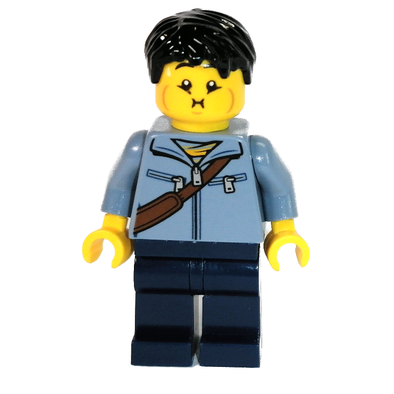 Lego Sand Blue Torso, Dark Blue Legs, Black Hair