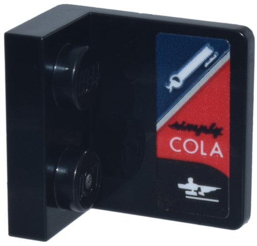 Lego Bracket 1 x 2 - 2 x 2 Inverted with Script 'simply' and White 'COLA' and Logos and Dark Blue and Red Background Pattern Model Right Side (Sticker) - Set 77243