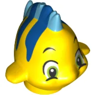 Animal, Fish with Large Eyes, Medium Blue Dorsal and Tail Fin and Blue Stripes on Top Print (Flounder / Fabius) / Yellow