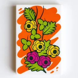 Tile 2 x 3 with Orange Paint, Magenta and Yellow Flowers, Lime Leaves (Painting) Print / White
