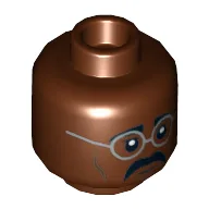 Minifig Head Baxter Stockman, Dual Sided, Glasses with Silver Frame, Moustache, Closed Mouth / Open Mouth Bared Teeth Print [Hollow Stud] / Reddish Brown