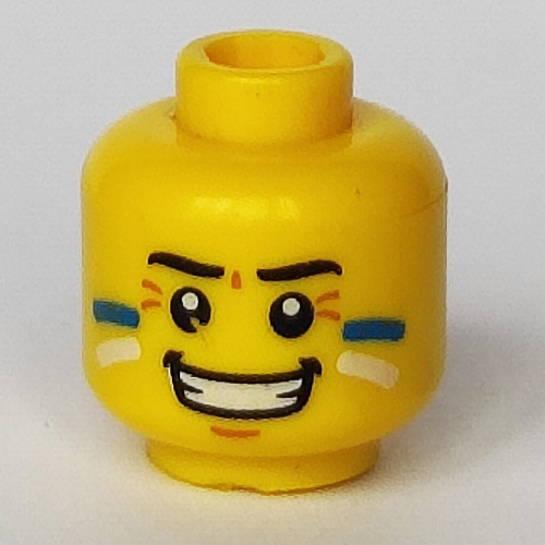 Lego Minifig Head Tribal Chief, Face Paint with Blue and White Painted Cheeks and Grin / Yellow