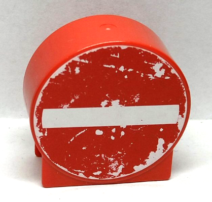 Lego Duplo, Brick 1 x 2 x 2 Round Top with White Rectangle Pattern (Sticker) - Set 9211 (No Entry / Thoroughfare Sign)