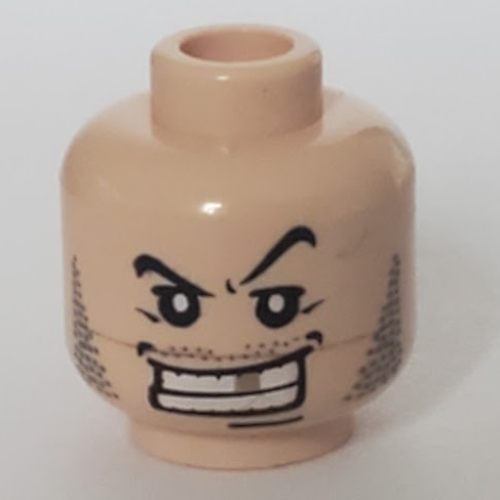Lego Minifig Head Criminal, Arched Eyebrow, White Teeth with Gold Tooth, Fine Stubble and Line under Mouth Print / Light Nougat