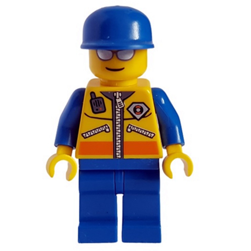Lego Coast Guard, Yellow Jacket with Zipper, Radio and Badge, Blue Cap, Silver Sunglasses