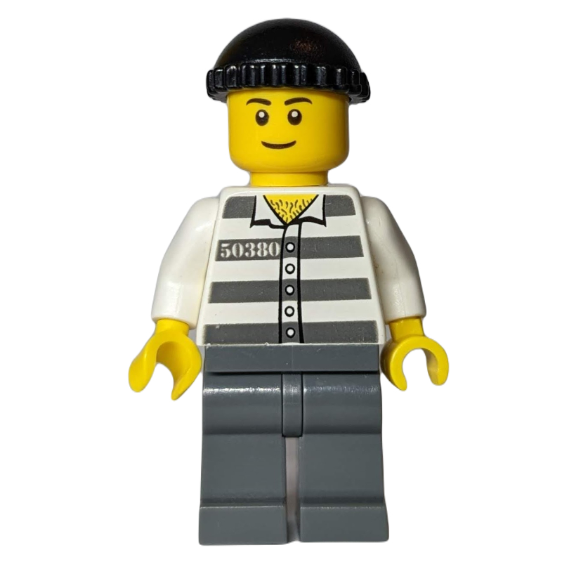 Lego Criminal, Prison Shirt with #50380, Dark Bluish Gray Legs, Black Hat (3626bpr0891 Head)