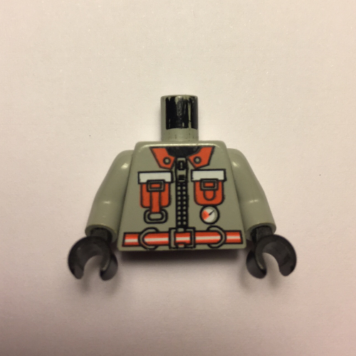 Lego Torso Fire Shirt with 2 Orange Pockets, Small Gauge and Orange Belt Print, Light Gray Arms, Black Hands / Light Gray