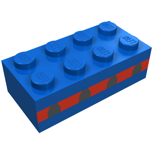 Lego Brick 2 x 4 without Cross Supports with 4 Plane Windows in Thin Red Stripe Print / Blue