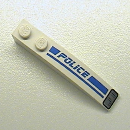Lego Brick Curved 6 x 1 with 'POLICE', Blue Line and Headlight Print Right / White