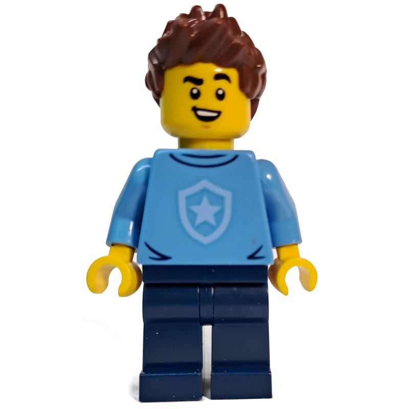 Lego Police Officer, Sweater with Police Badge, Spiked Reddish Brown Hair