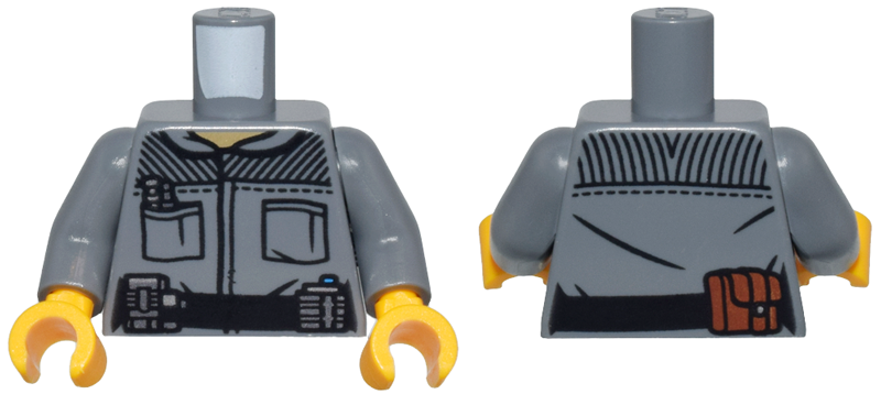 Lego Torso Jacket, Black Pockets, Striped Panels, and Belt with Silver and Reddish Brown Pouches Pattern / Dark Bluish Gray Arms / Bright Light Orange Hands