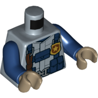 Lego Torso Jumpsuit with Harness with Pouches, Belt, Police Star Badge Print, Dark Blue Arms, Dark Tan Hands / Sand Blue