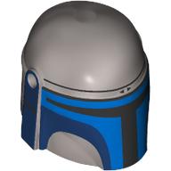 Lego Helmet Mandalorian with Holes, Blue and Dark Blue Print and Black Print on the Right-hand Side / Flat Silver