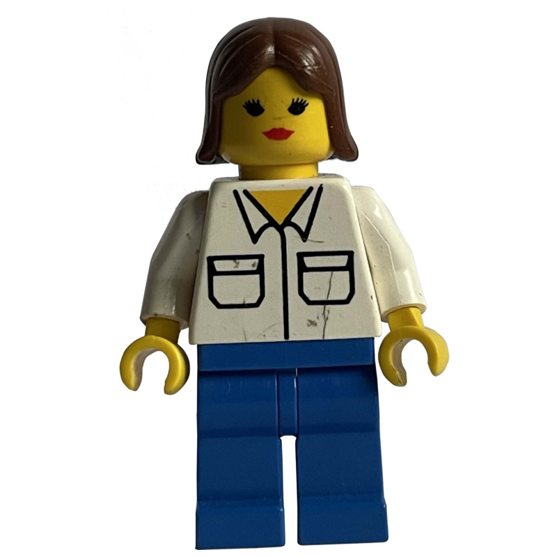 Lego Woman, White Shirt with Pockets, Blue Legs, Brown Hair