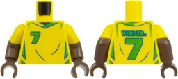 Torso Soccer / Football Jersey Brazil, Mesh, Bright Green and Blue Trim, Number 7 and 'VINI JR.' Pattern / Umber Arms with Molded Yellow Short Sleeves Pattern / Umber Hands