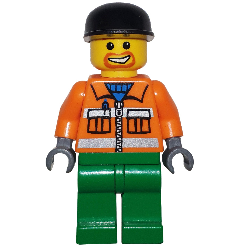 Lego Construction Worker, Orange Jacket with Zipper and Reflective Stripes, Green Legs, Black Cap, Goatee Beard