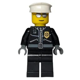 Policeman, Black Jacket with Zipper and Badge, White Hat, Silver Sunglasses
