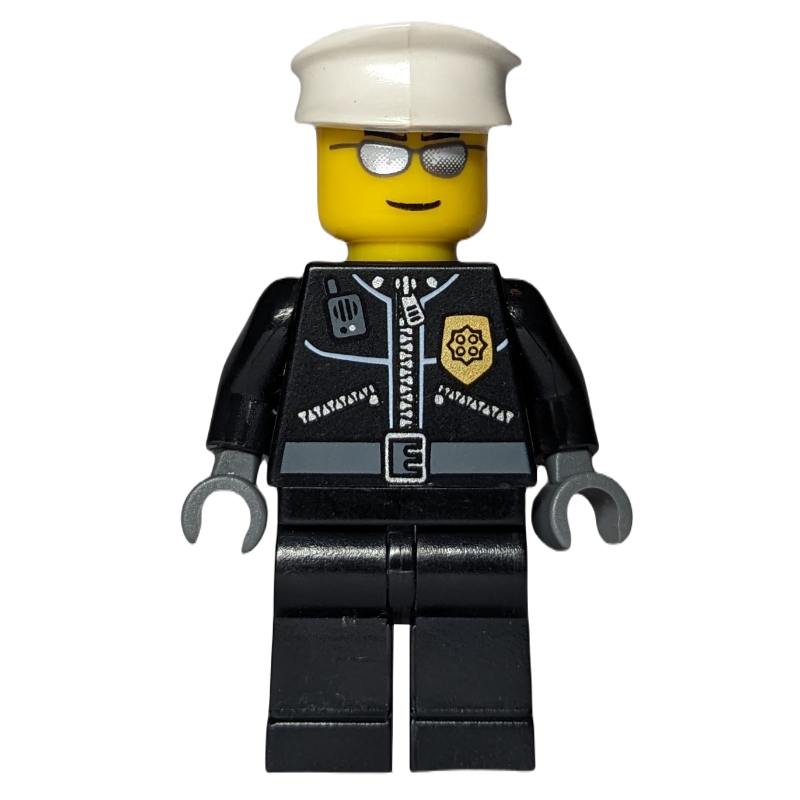 Lego Policeman, Black Jacket with Zipper and Badge, White Hat, Silver Sunglasses