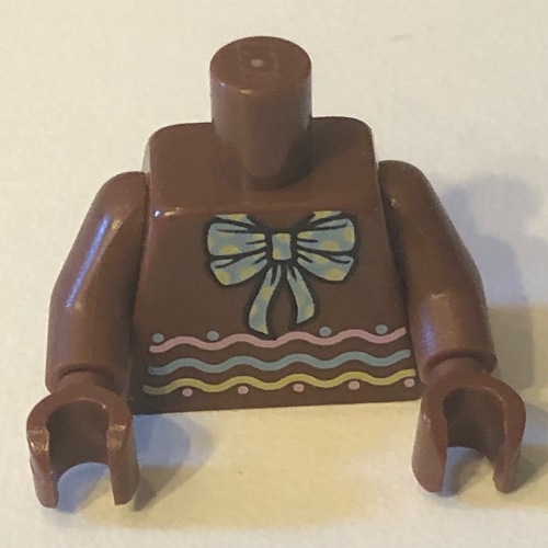 Lego Torso with Bright Light Blue Bow Tie and Bright Pink, Bright Light Yellow, Bright Light Blue Wavy Lines on Front and Back Print, Reddish Brown Arms and Hands / Reddish Brown