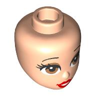 Lego Minidoll Head, Thin Black Eyebrows, Brown Eyes, Red Lips, Teeth / Light Nougat