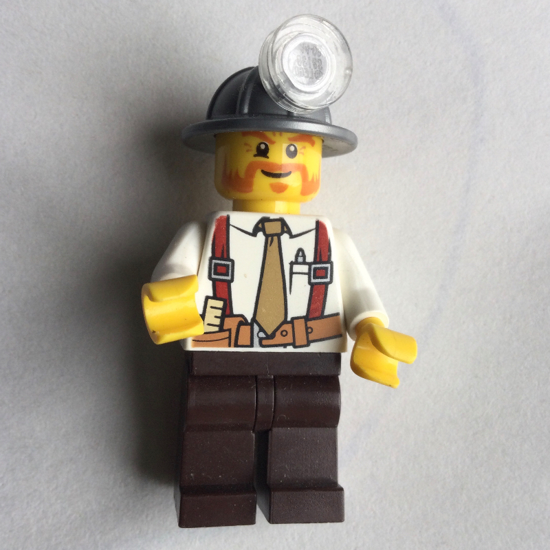 Lego Miner, White Shirt with Tie and Suspenders, Mining Hat, Mutton Chops and Moustache