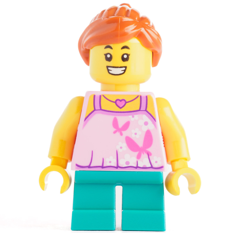 Lego Kid - Bright Light Pink Torso, Dark Turquoise Legs, Dark Orange Hair