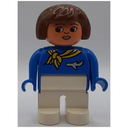 Duplo Figure, Early, Hair Bob Brown, White Legs, Yellow Scarf and Airplane, Turned Down Nose Print / Blue