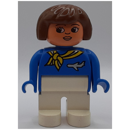 Lego Duplo Figure, Early, Hair Bob Brown, White Legs, Yellow Scarf and Airplane, Turned Down Nose Print / Blue