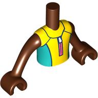 Lego Minidoll Torso Boy with Reddish Brown Arms and Hands with Yellow/Dark Turquoise Wetsuit, Coral Zipper print / Reddish Brown