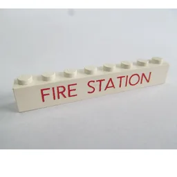 Brick 1 x 8 with 'FIRE STATION' Thin Red Print / White