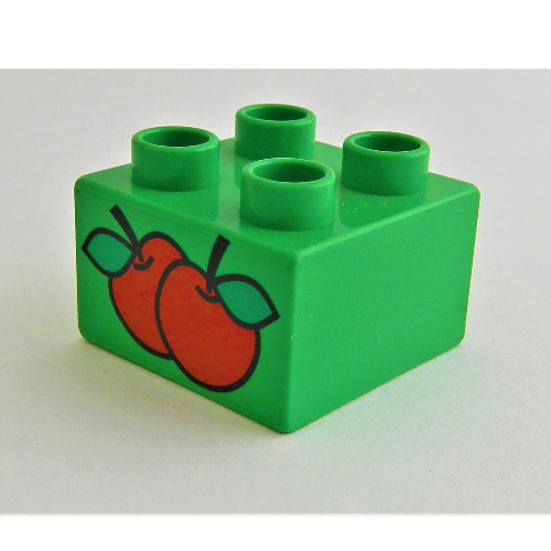 Lego Duplo Brick 2 x 2 with Two Apples Print / Bright Green